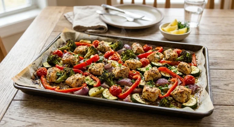 A delicious sheet pan chicken and roasted vegetables solving what should I eat for dinner