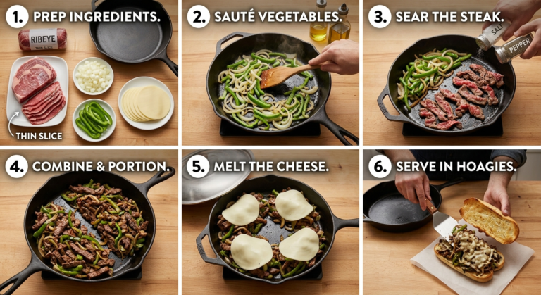 A step by step guide on how to cook philly cheesesteak in a cast iron skillet