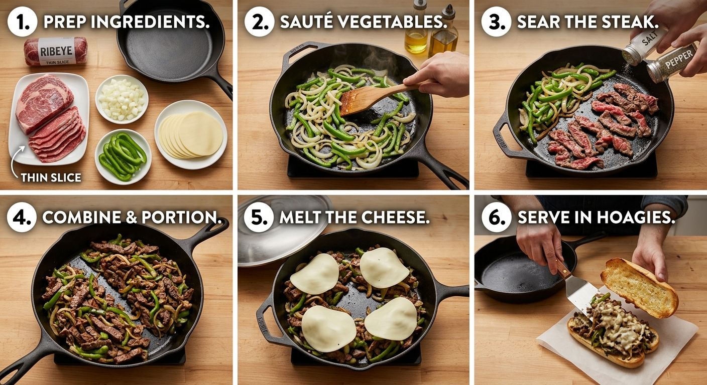 A step by step guide on how to cook philly cheesesteak in a cast iron skillet