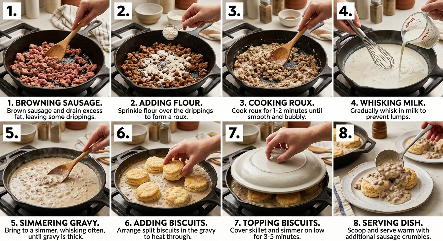 A step by step guide on how to make biscuits and sausage gravy in a skillet