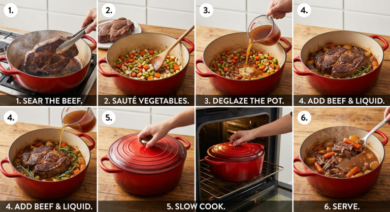 A step by step guide on how to make pot roast in a dutch oven