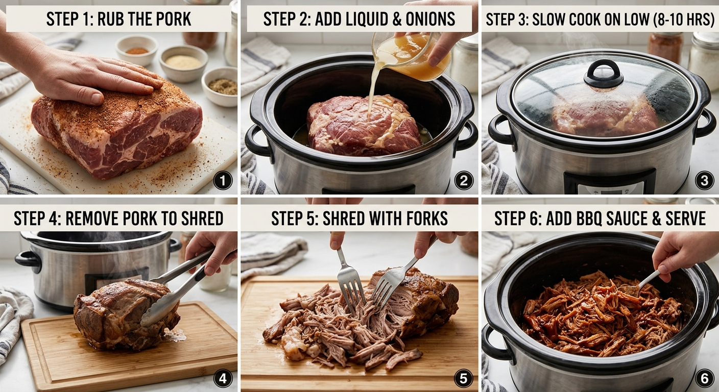A step by step guide on how to make pulled pork in a slow cooker