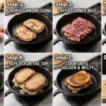 A step by step guide on what is in a reuben sandwich assembled in a skillet