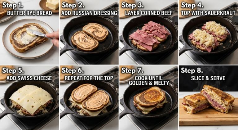 A step by step guide on what is in a reuben sandwich assembled in a skillet
