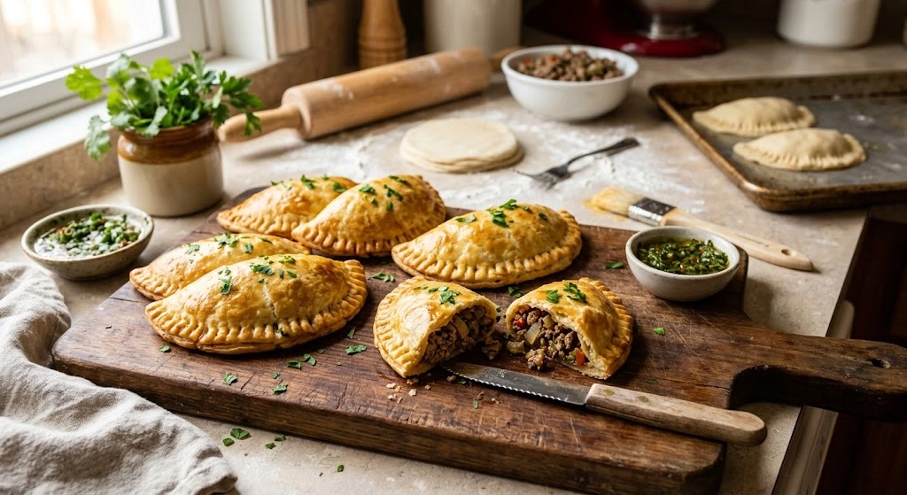 Golden baked beef empanadas showing how to make empanada recipe at home