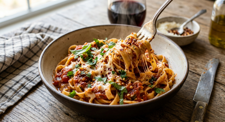 Hot and cheesy spicy garlic tomato pasta tossed with fresh herbs and chili flakes.